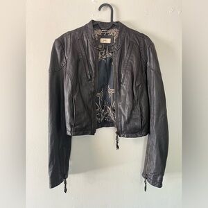 June Leather Cropped Motorcycle Jacket (Black, XS)